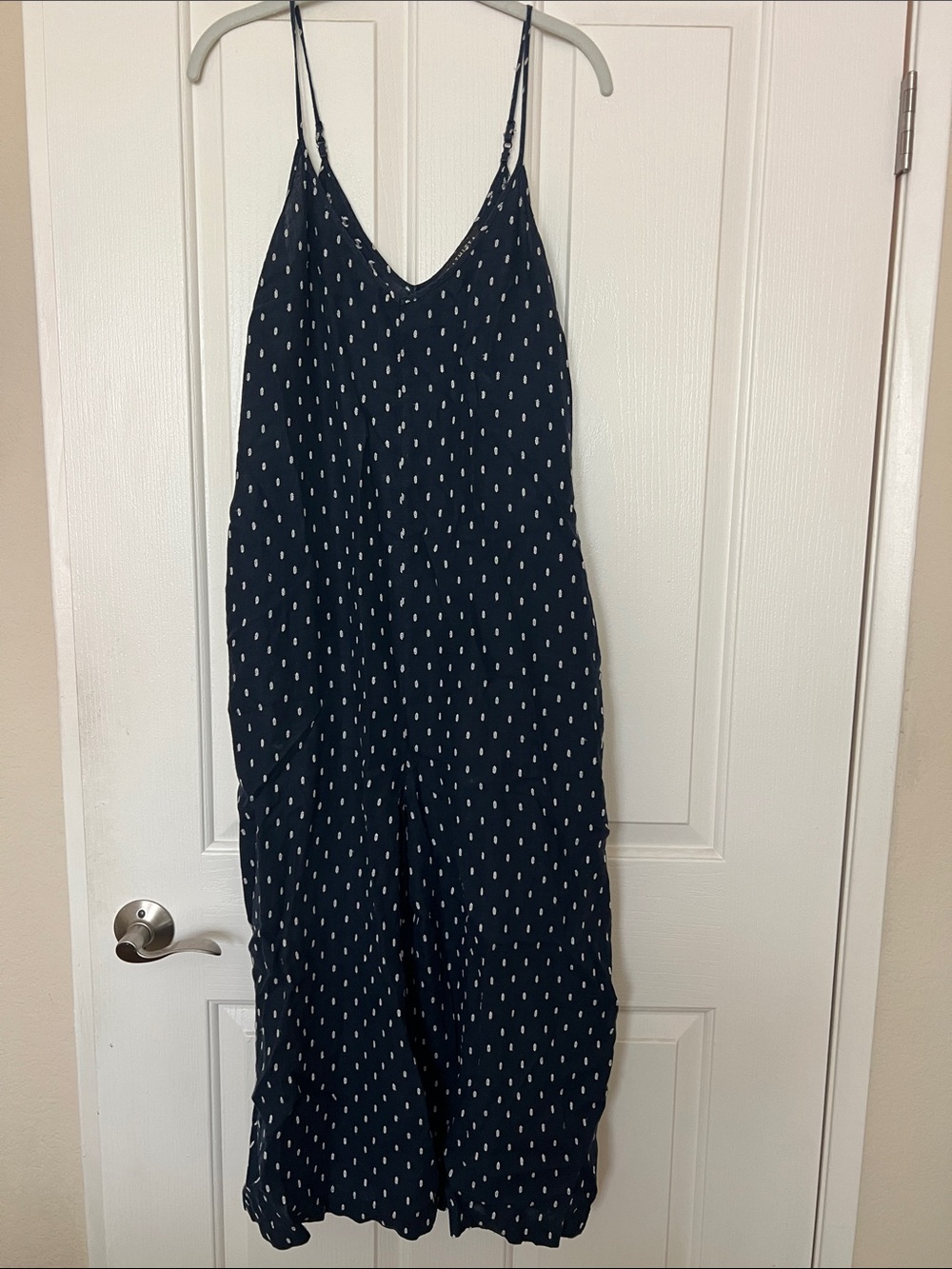 Athleta Navy Spotted V-Neck Spaghetti Strap Wide-Leg Jumpsuit